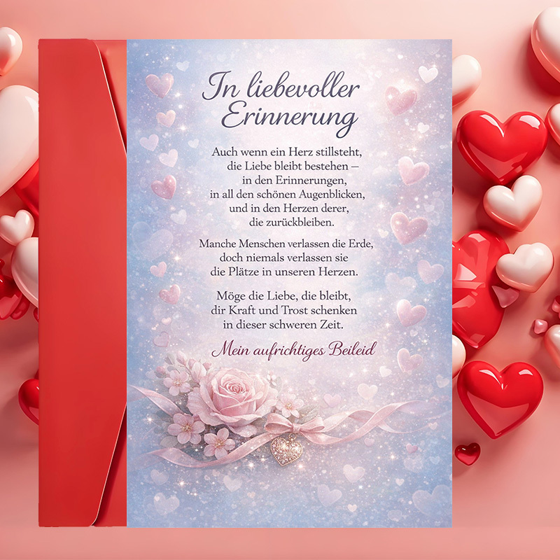 E-shop 1 Grußkarte + 1 Umschlag – Beileidskarte mit rosa Rosen Herzen, ideal, um Freunden Familie in schwierigen Trost Unterstützung zu schenken