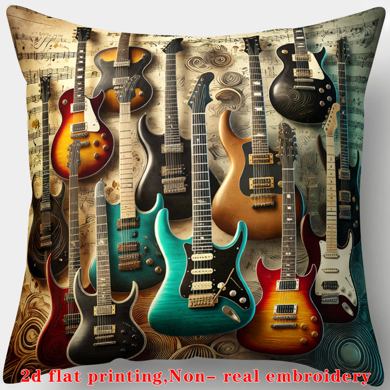 TEMU 1pc, 2d Flat Printing, Throw Pillow Cover, Rock Music Themed Pillowcase, Electric Guitar, Music Sheet, Wood Grain Texture, Vintage Style.