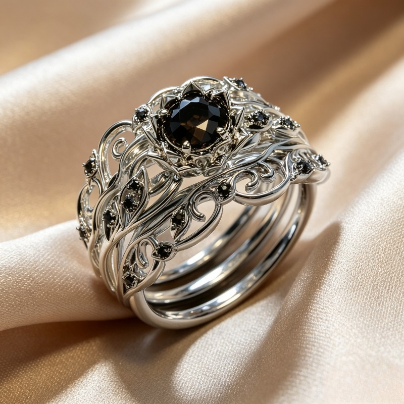 TEMU Ensemble de 3 pièces Gothique Creux Synthétique Zircon Synthétique Synthétique Bague Ensemble Rétro Feuille Torsadée Creux Luxe Noir Cadeau de