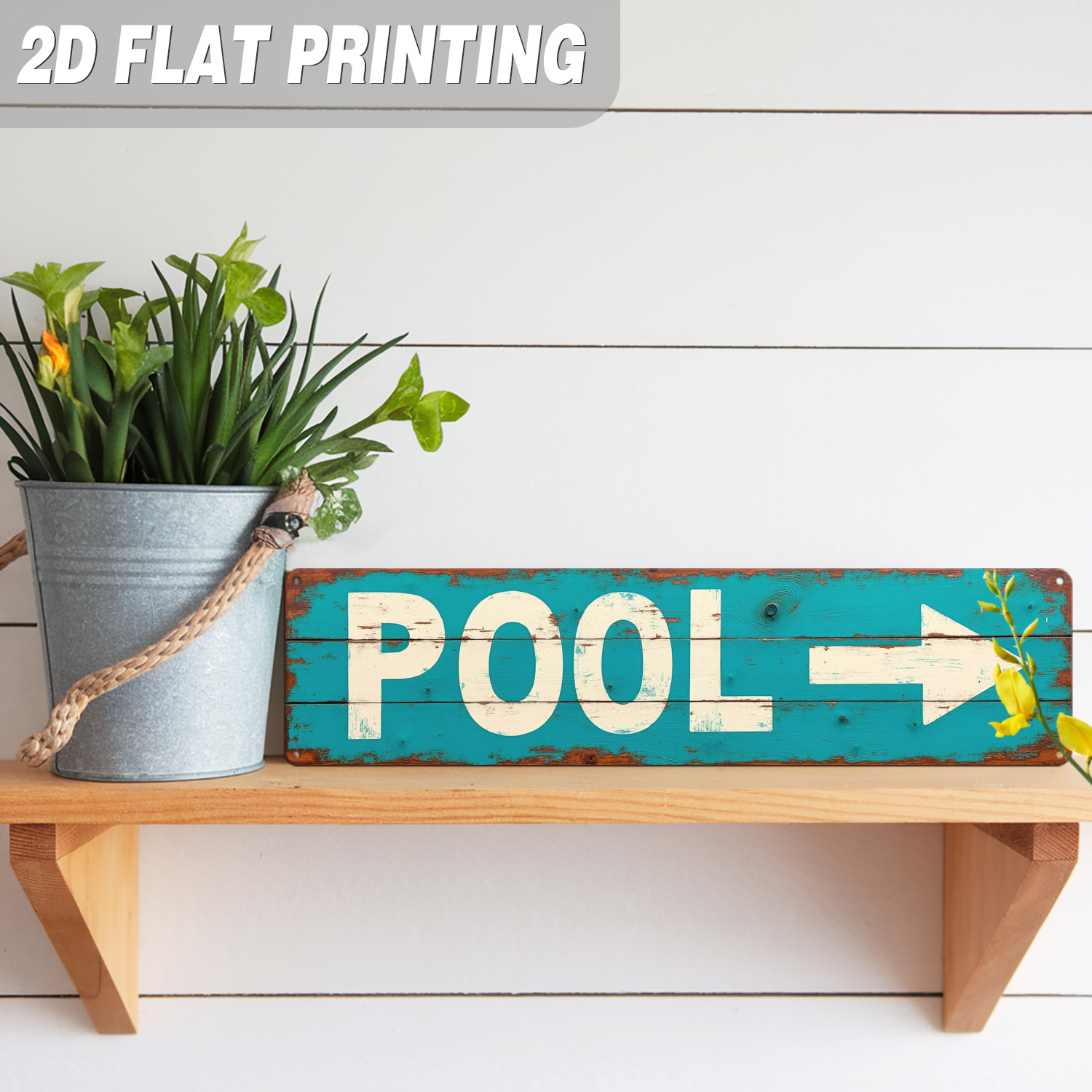 TEMU 2d Flat, 2d Plane - A 2d Plane, A Single Vintage Turquoise And White Directional Wooden Plaque, Suitable For Pools, With An Arrow. Designed As A