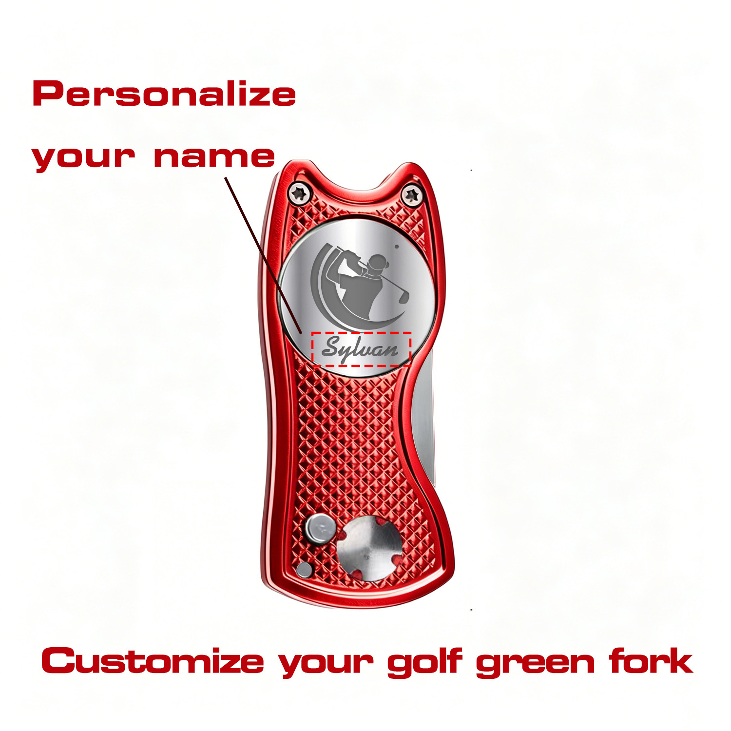 TEMU 1pc Outil de golf personnalisé avec marqueur de balle, fourche de réparation de gazon rétractable avec nom personnalisé, accessoire de golf pour