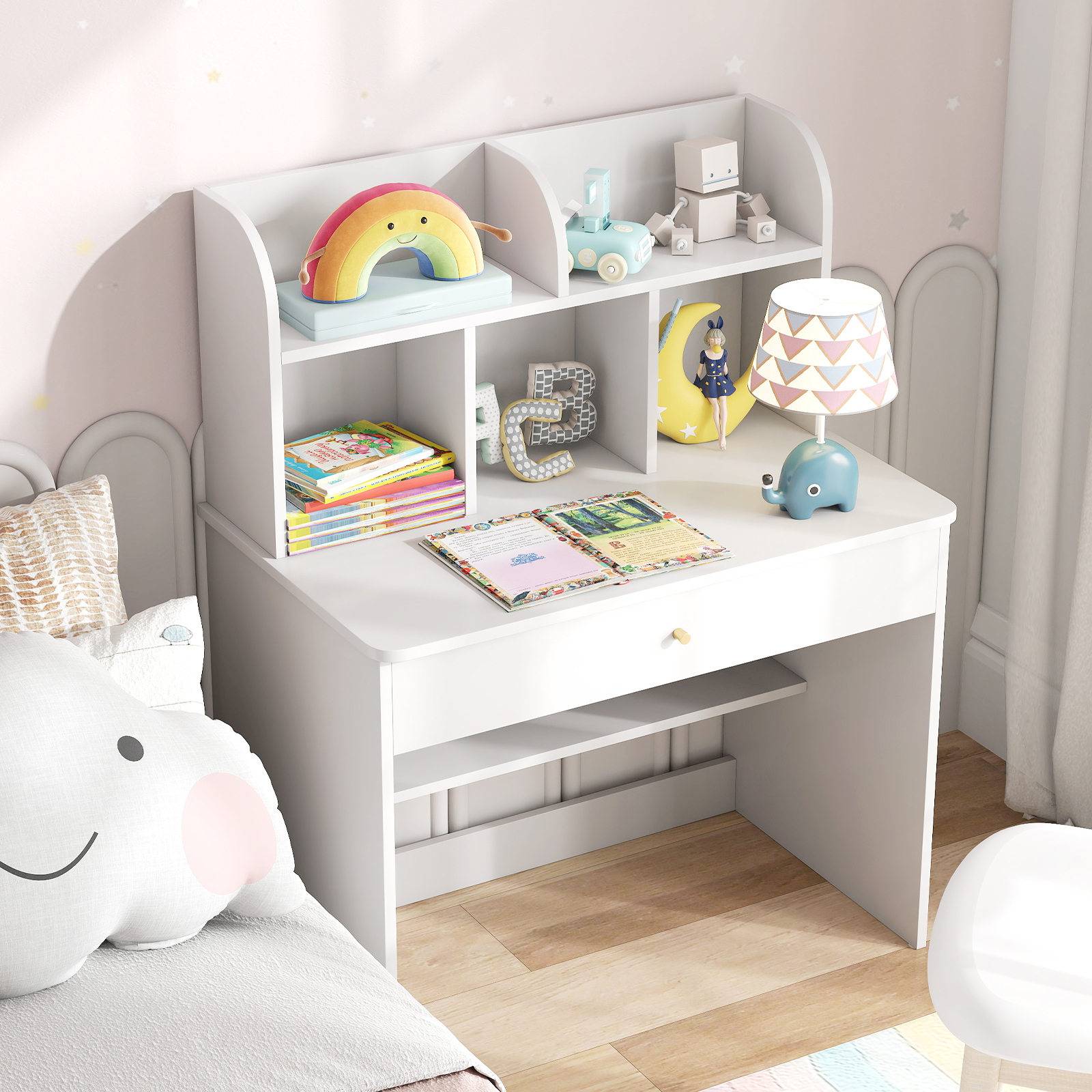 Kids Wooden Desk With Hutch And Drawer, Writing Desk With Storage Shelf, Writing Table For Reading, Learning, And Drawing