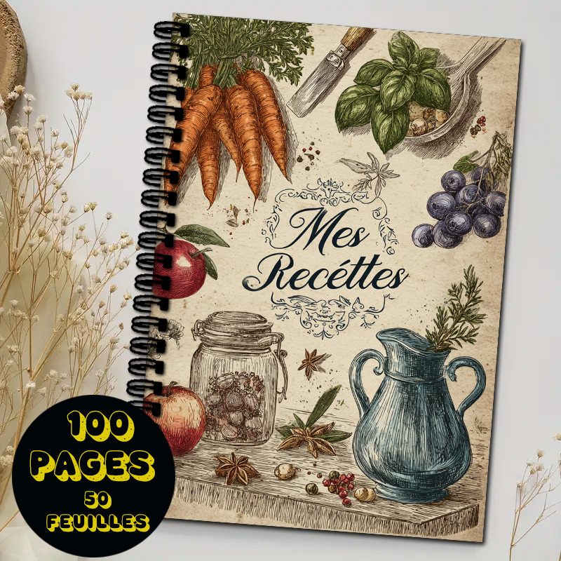 TEMU 1 cahier de recettes de cuisine française, avec une couverture de style vintage représentant des légumes, des fruits et des ustensiles de