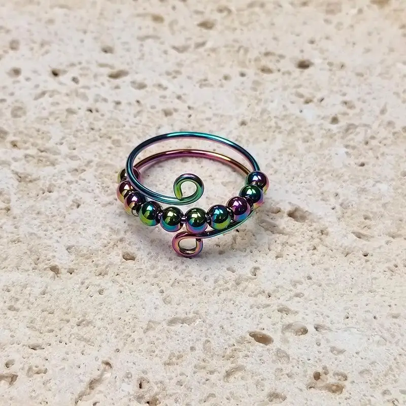 elegant boho stainless steel anxiety rings for women anti stress fidget spinner rings with rainbow beads rotates adjustable stacking jewelry for daily gift occasions christmas bohemian style best for christmas Product details 4