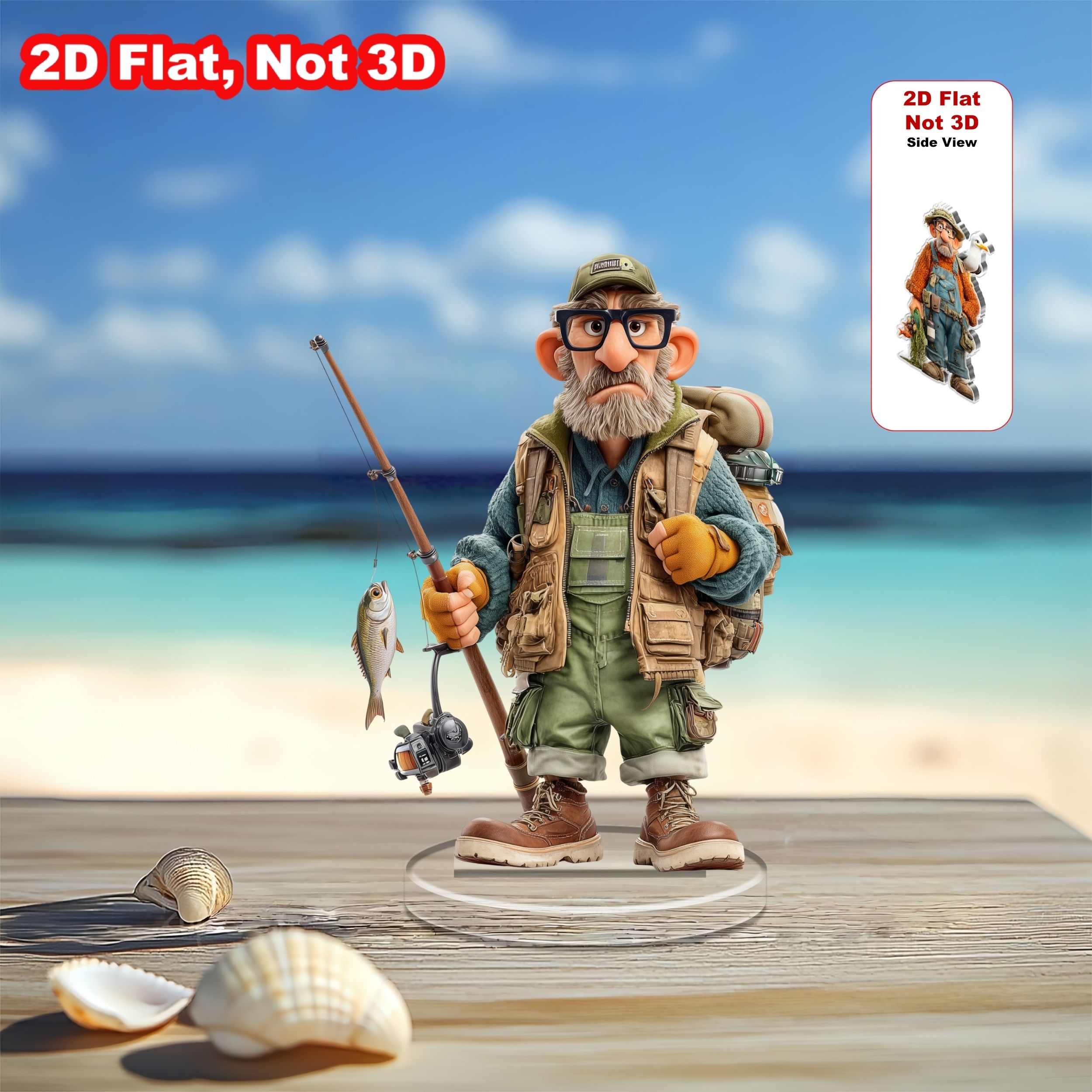 TEMU Figurines acryliques 2D plates, 1 pièce, pêcheurs amusants, pêcheur fantaisiste avec à pêche et chapeaux, décoration de table humoristique pour