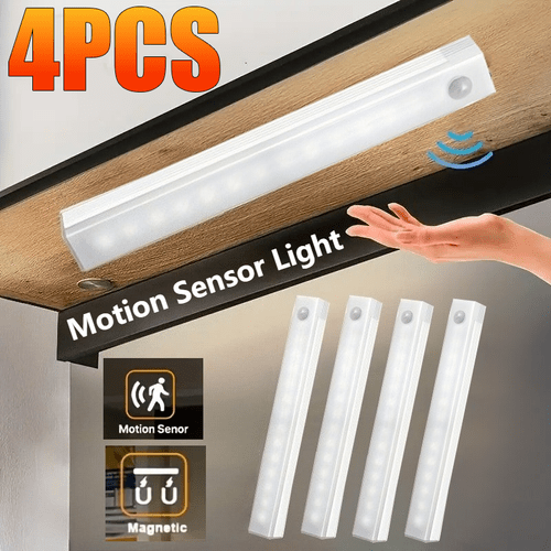 4 pack multi size magnetic led motion sensor lights usb rechargeable cabinet lights led motion sensor light strips for indoor motion sensor lighting in bedrooms kitchens stairs wardrobes garages bathrooms household night lighting