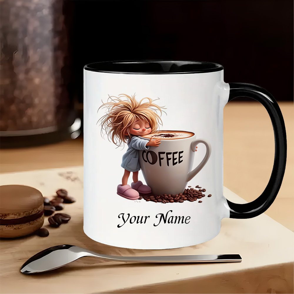 TEMU 1 Adorable Mug Featuring A Embracing A Coffee Cup - 11oz Ceramic With For Coffee Enthusiasts, Customizable With A Name, Insulated For Hot