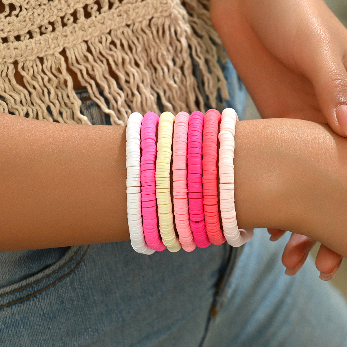 Image of 7pcs Women Bohemian Pink Polymer Clay Stretch Bracelet Set Holiday Party Wear Birthday Gift Valentine's Day Gift
