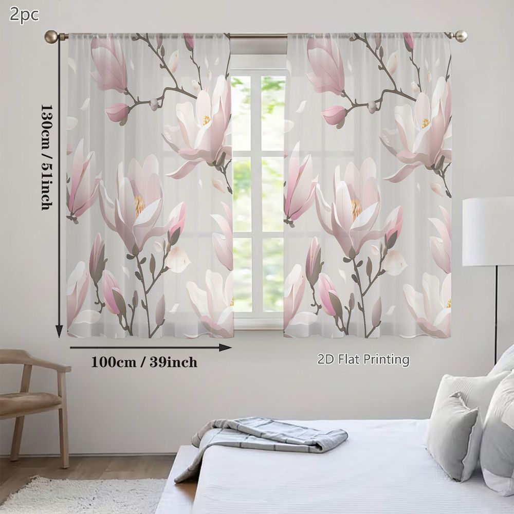 TEMU 2d Flat - 2d Flat - Set Of 2 Lightweight Sheer Curtains Featuring A Delicate Magnolia In Soft Shades Of Pink And Lavender, Ideal For Enhancing