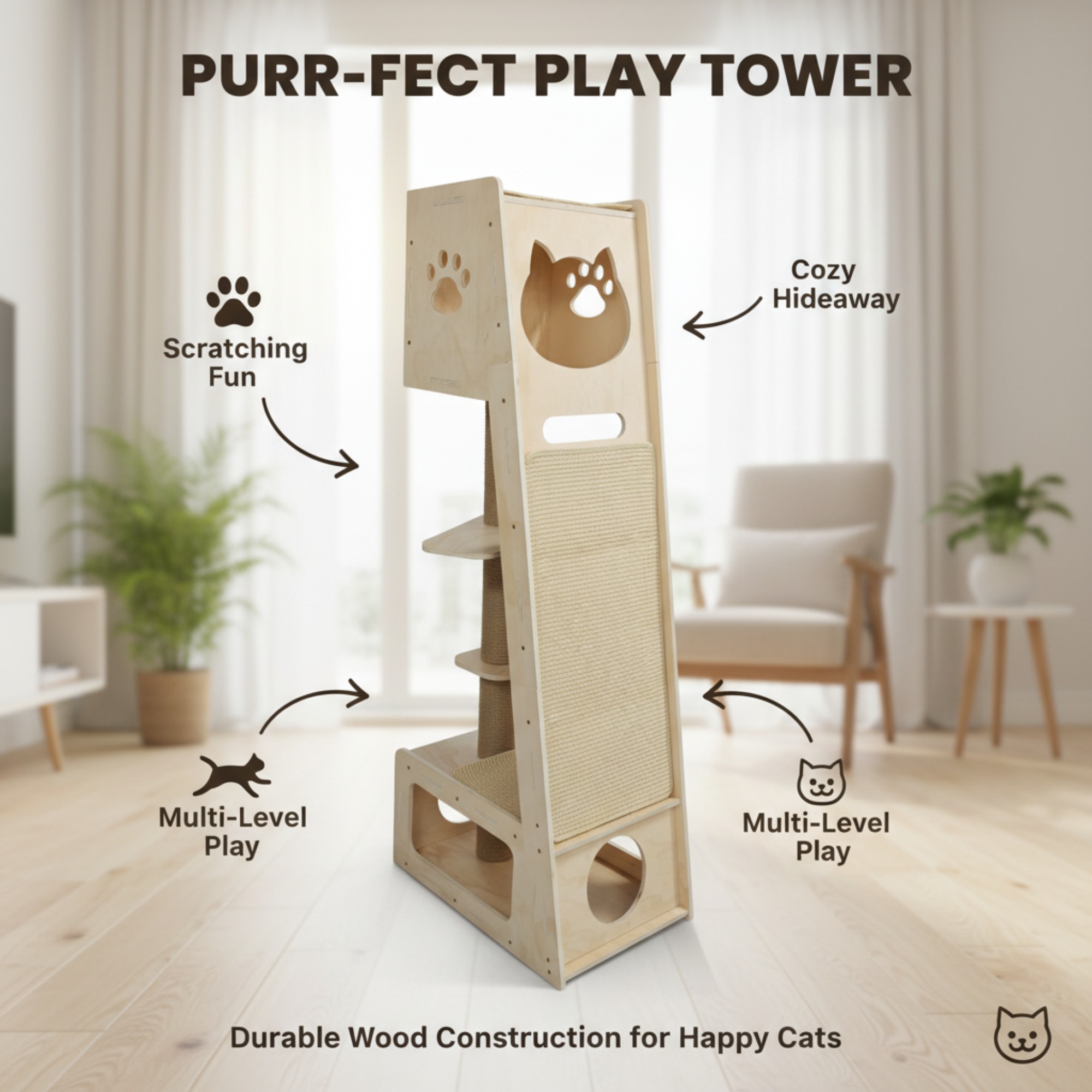 Image of Minimalist Wooden Cat Tree Tower - Multi-level Cat Condo With Vertical Sisal Scratching Mat, Space- Cat Activity Center With Cute Hideout Condo For Small Apartments And Indoor Cats