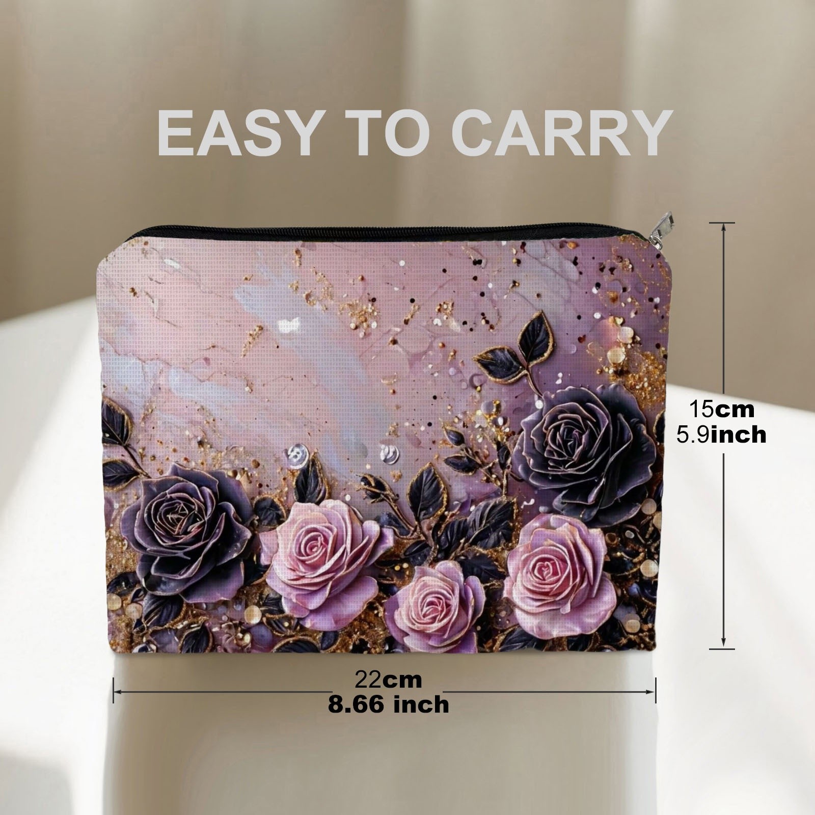 TEMU 1pc Double - Sided Cosmetic Bag, 8.66in*5.9in, Polyester Material, Elegant Rose & Golden Design, Luxurious Makeup Organizer For Beauty