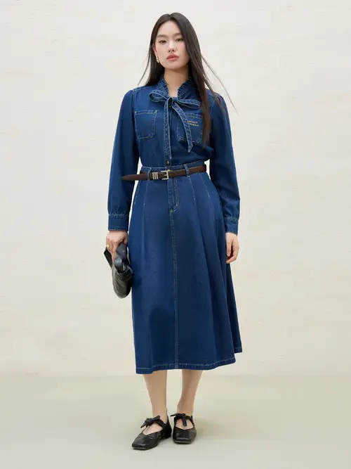 빈티지 스타일 여성용 데님 셔츠 드레스 - 슬리밍 롱 슬리브 가슴 포켓, 연한 파랑 혼방, 손세탁 전용, 봄/여름 캐주얼 시크 탑, 데님 드레스