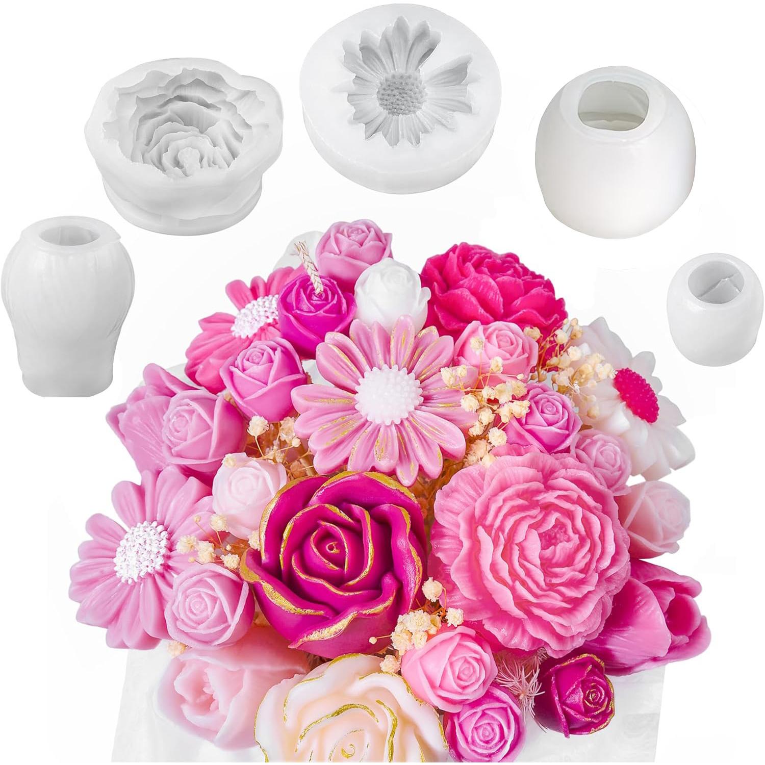 Image of 5pcs Floral Silicone Mold Set For Candle Making, 3d Daisy Peony Rose Molds For Soap Wax Epoxy Resin Casting Crafts, Flexible Decorative Diy Mold Supplies, Gift For Mom