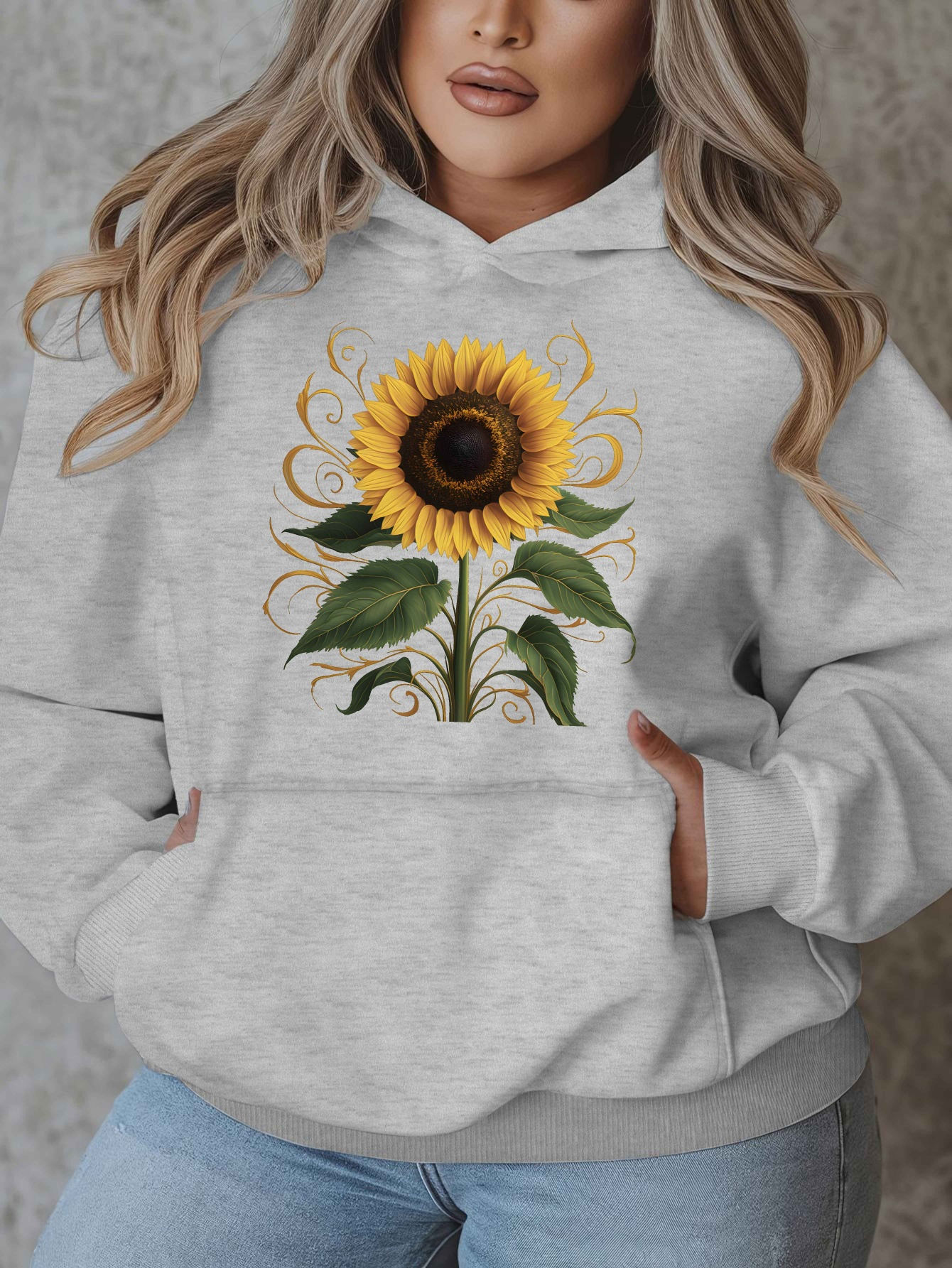 Women'* Print Hoodie, Oversized Casual Pullover Sweatshirt, Polyester 100%  Knit Fabric Stretch, Long Sleeve with Pockets, Plus Size