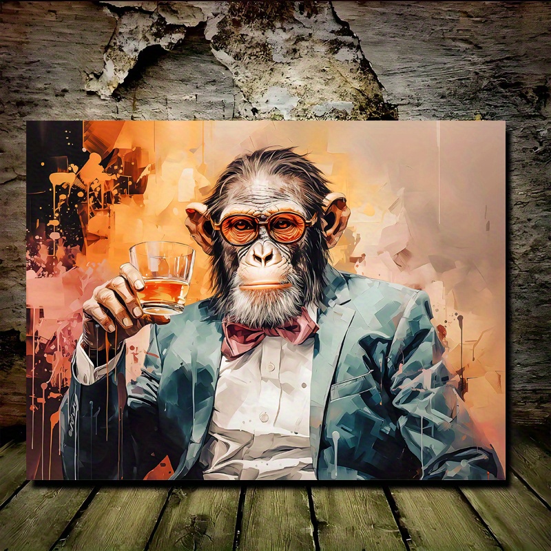 TEMU 2d Flat, 1pc Wrapped Canvas Wooden Frame Abstract Art Print - Monkey Gentleman In Suit With Whiskey, Vibrant Colors & Dynamic , 11.8x15.7 Inch