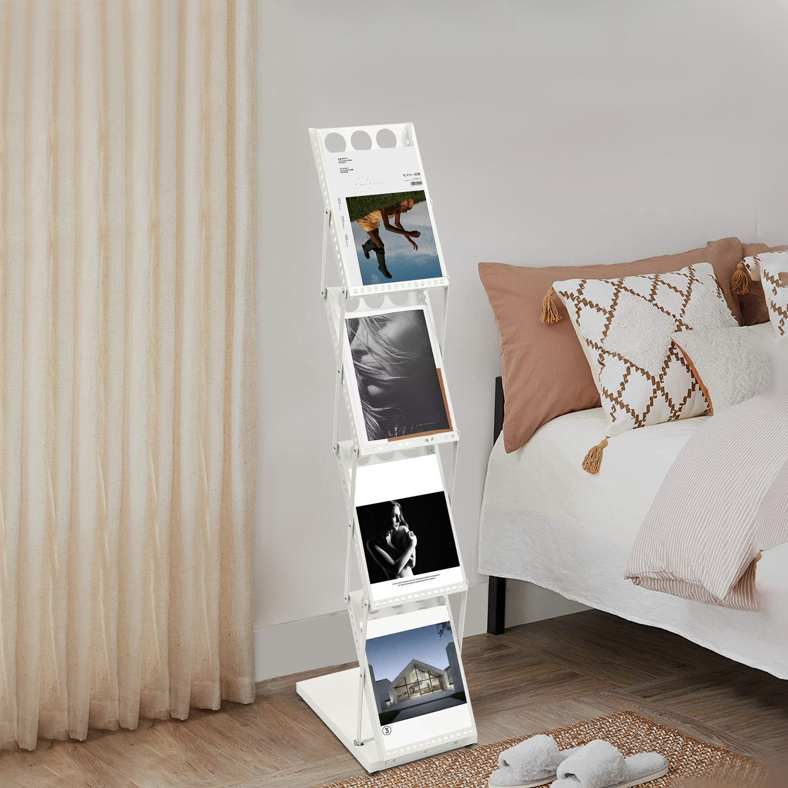 Image of Literature Display Stand Foldable Magazine Rack Catalogue Rack With 4 Pockets For Exhibition And Trade Show White