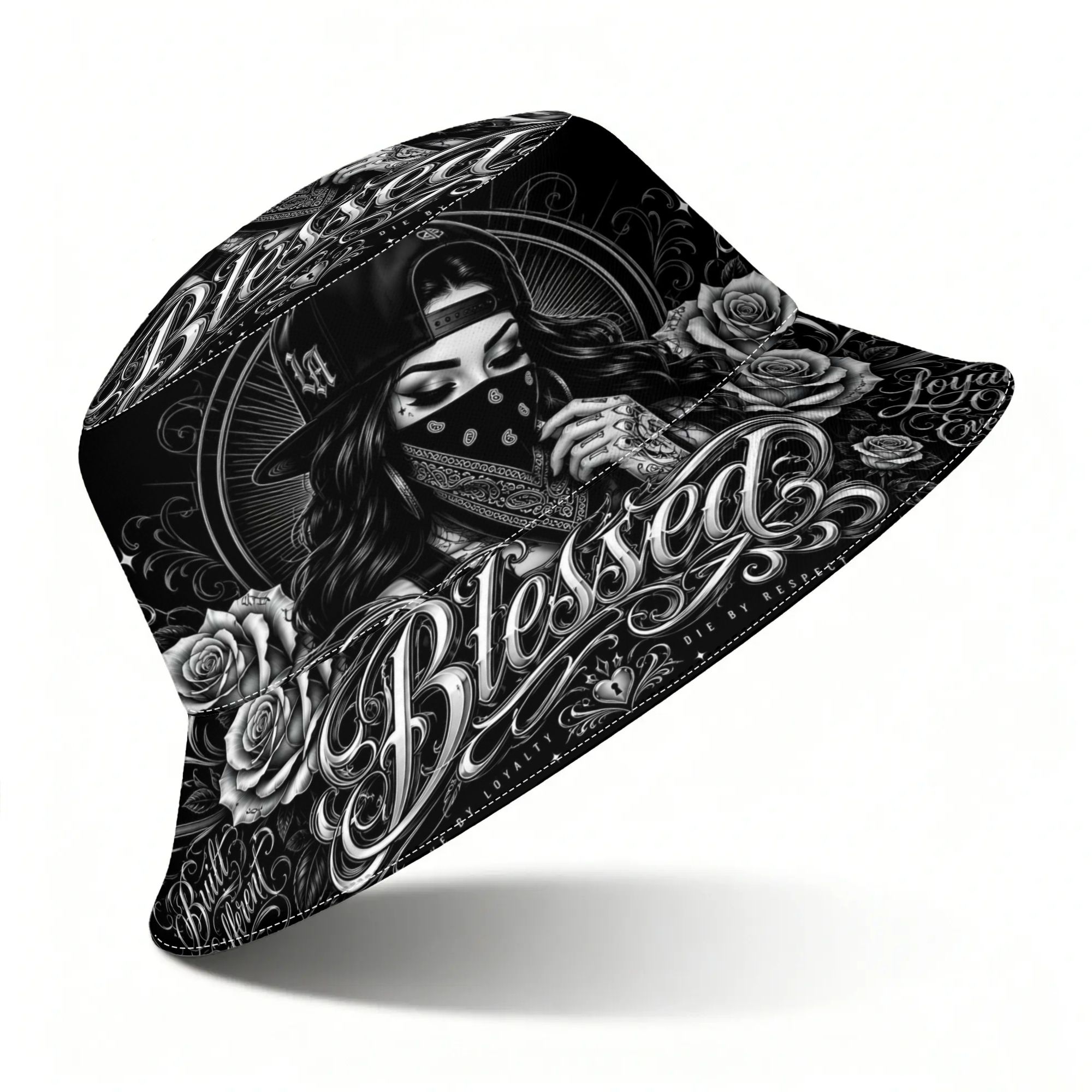 TEMU Black White Tattoo Art Rose Lettering Men's Novelty Bucket Hat 2d Print Printed Fisherman Hat Everyday Sun Hat For Holiday