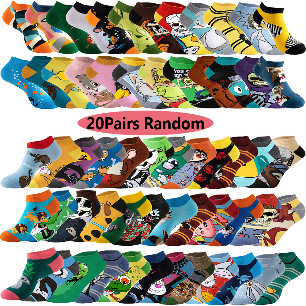 E-shop 20 Paar zufällige Frühlings-Sommer kurze Bootssocken für Damen mit Cartoon-Anime-Tiermotiven Hund, Hase, Katze, Ente, Faultier, Flamingo, Bär,