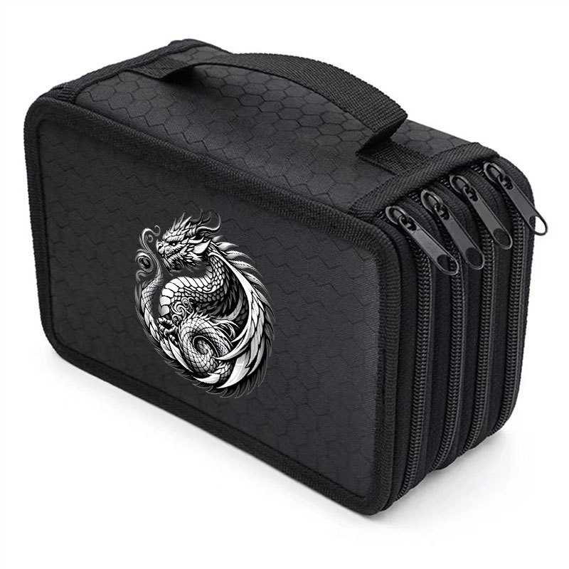 TEMU 1pc Chinese Dragon Print Four-layer Pen Case Portable Large Capacity Multi-compartment Pencil Pouch Stationery Storage Organizer Bag With Handle