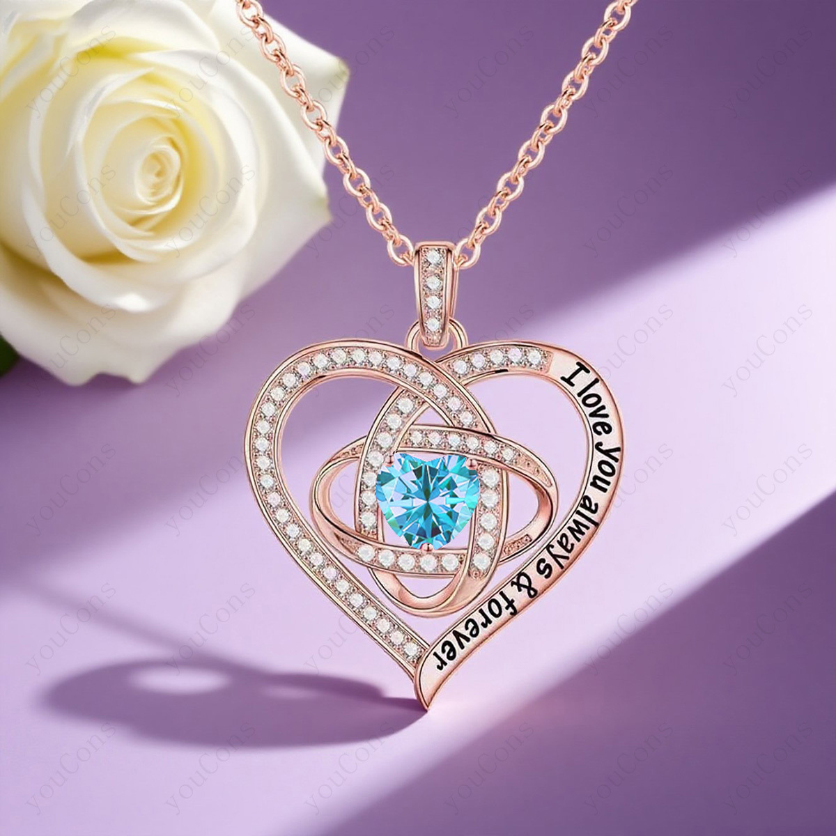 Women's Delicate Light Blue Synthetic Zirconia Heart-Shaped Pendant Necklace, Gift Box Included