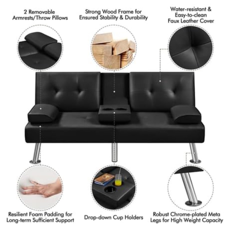 Modern Faux Leather Sofa Bed with Adjustable Recliner And Cup Holders Black