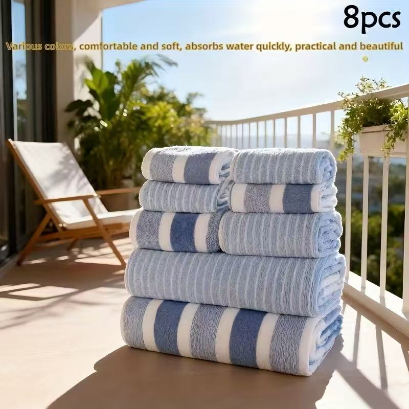 TEMU 8pcs Luxury Towel Set - Microfiber, Quick-drying, Highly Absorbent, Gray And White Striped Design, Includes 2 Bath Towels, 2 Hand Towels, And 4