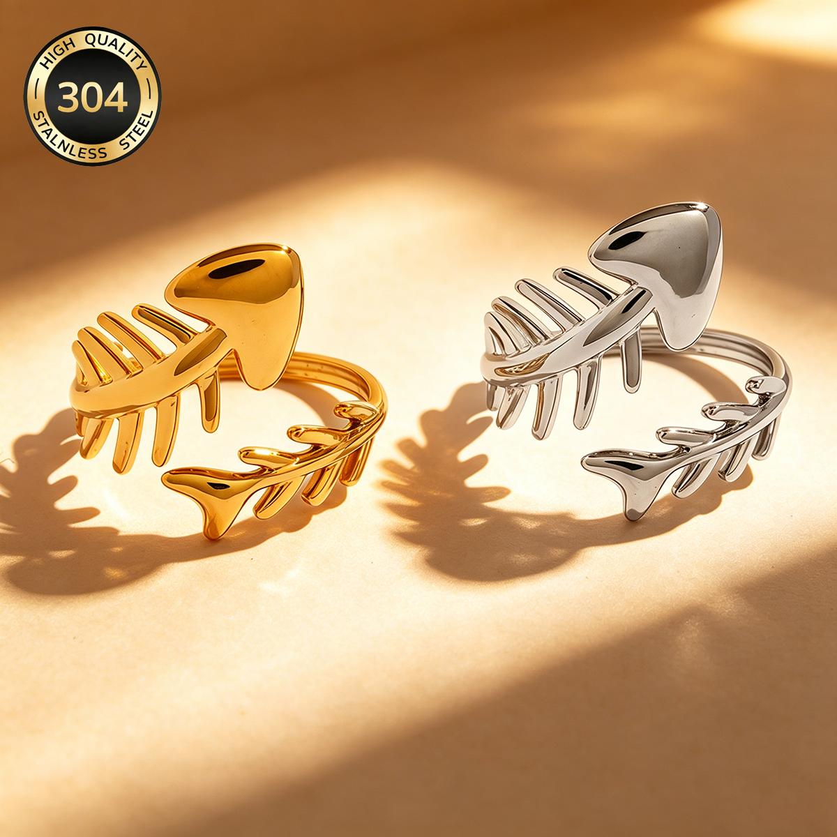 18K Gold Plated Fishbone Open Ring, Ocean Style