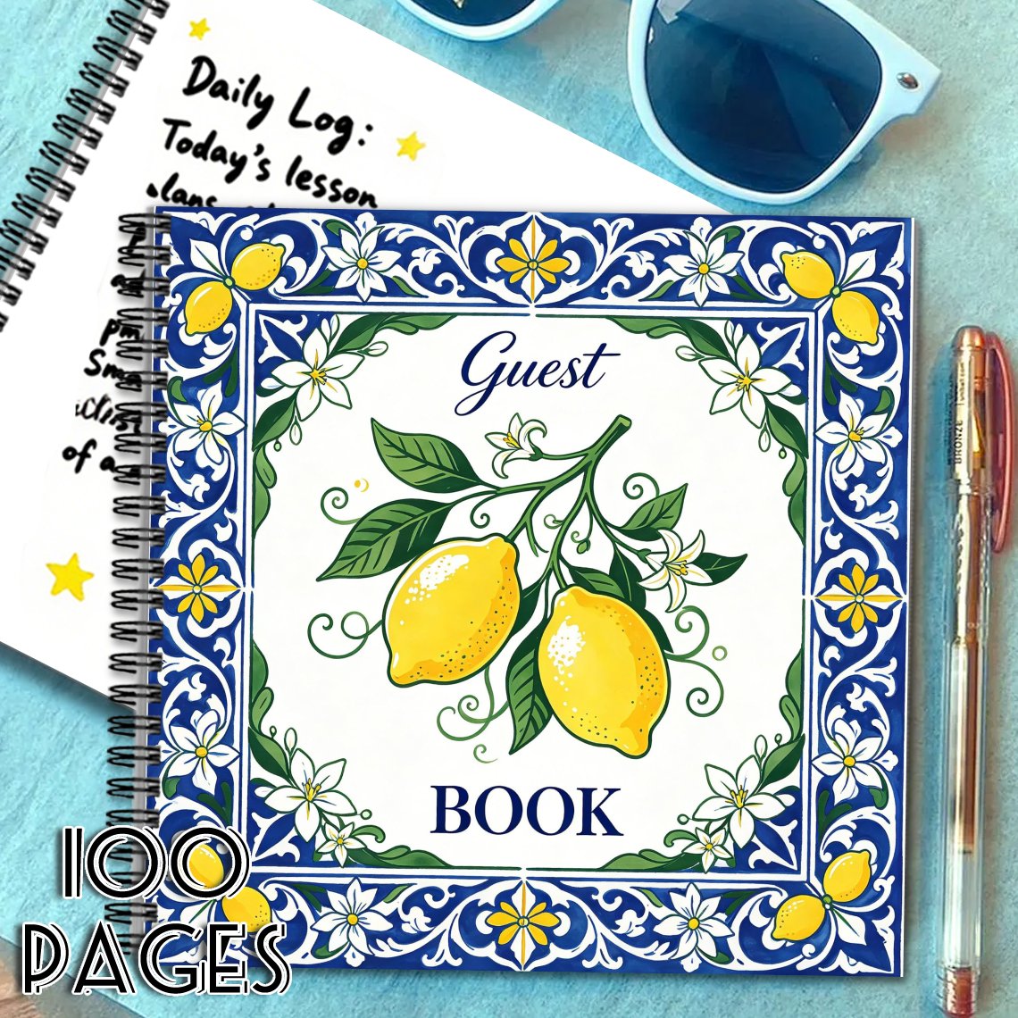 TEMU 'or à 1 pièce, livre de messages carré à motif de carreaux vintage bleu et blanc avec citron jaune imprimé, cadeau idéal pour un ami et ,