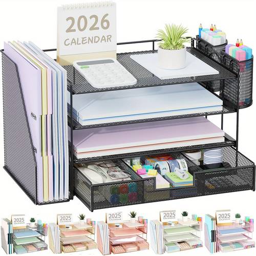 4-stufiger Schwerlast-Metall-Schreibtischorganizer mit Schubladen & Stifthaltern - Mehrstöckiges mit beschrifteten Fächern, Weiß/Pastellfarben (Rosa, Blau, Grün, Beige) - Platzsparender moderner Büroorganisator für Zuhause oder Firmenarbeitsplätze, Kompatibel mit Letter- A4 Papieren, Langlebige Metallkonstruktion, Vielseitiger Desktop-Organisator mit Dokumentenhalterung 4-stufigem Aufbewahrungssystem, Office-Tischorganiziergeräte
