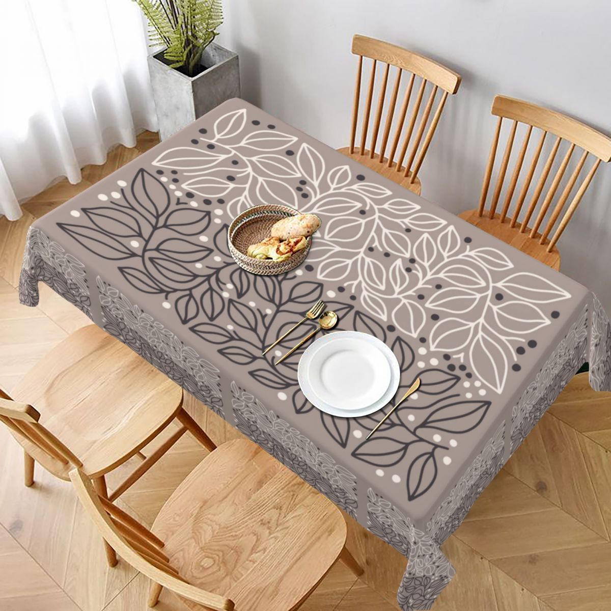 

Elegant Handcrafted Polyester Tablecloth With Black & White Leaf Design - Mosaic With Embossing, Home & Christmas Decorations, Table Decorations