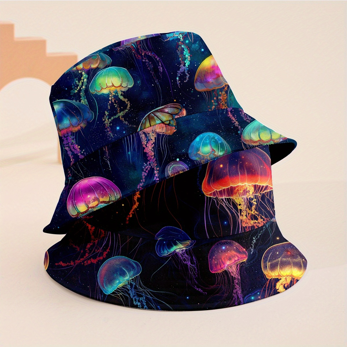 TEMU 1-pack Reversible Bucket Hat, 2025 Style Unisex Reversible Bucket Hat, Jellyfish Print Double-sided Summer Hat With Line Colors