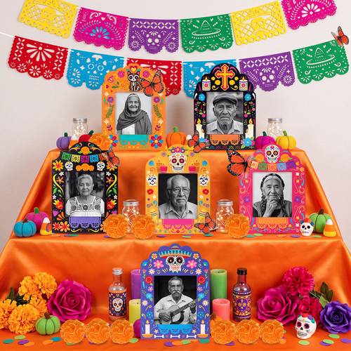 36pcs dia de los muertos paper picture frames decorations set sugar skull marigold memorial photo display altar remembrance supplies multi item party gift package