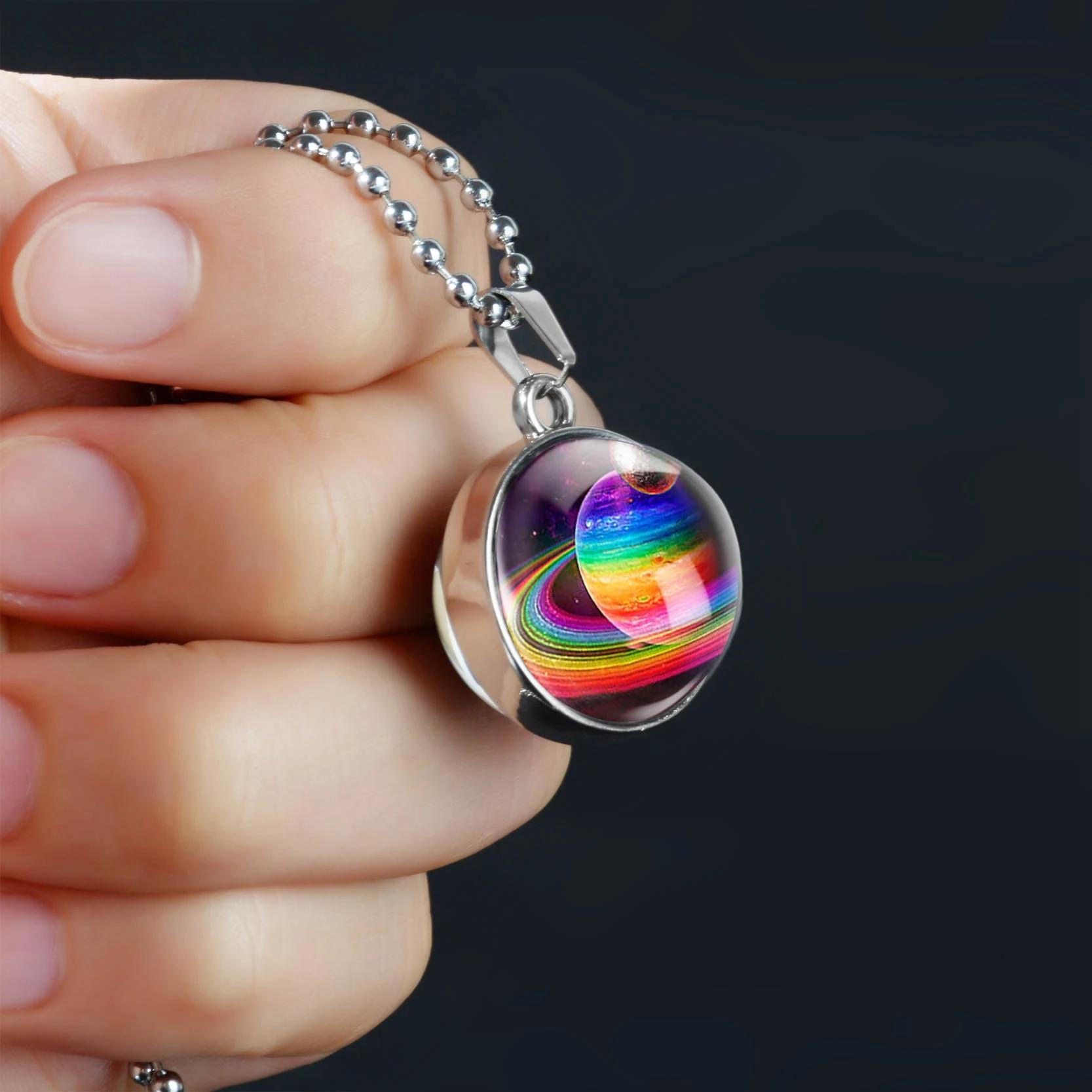 Double-Sided Galaxy Star Cabochon Glass Pendant Necklace