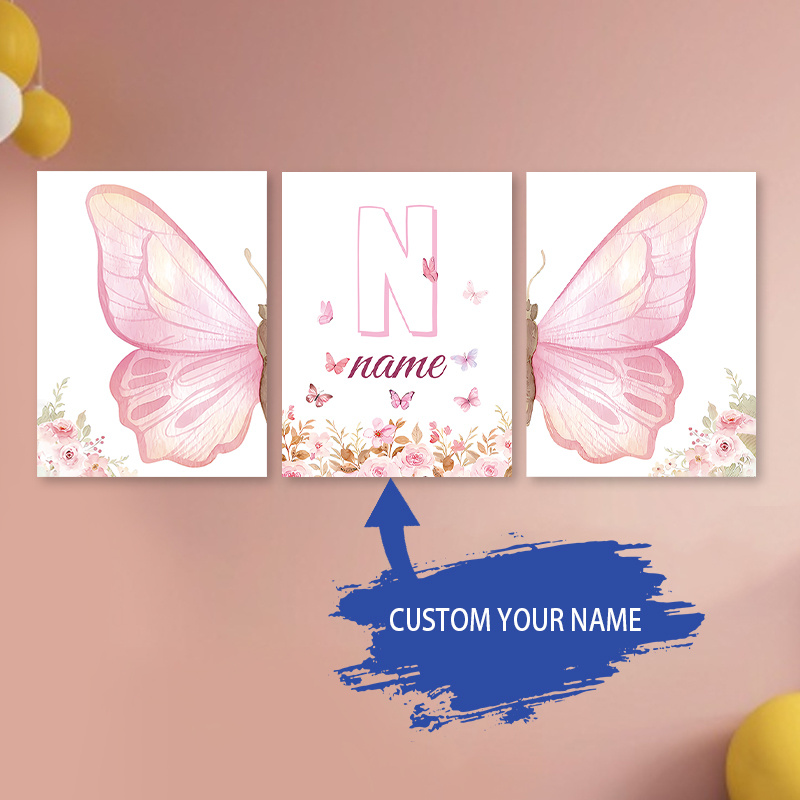 

Personalized 3pcs Set - Custom Name Pink & Flower Canvas Prints, Nursery, Girls' Room, Bedroom & Dining Decor