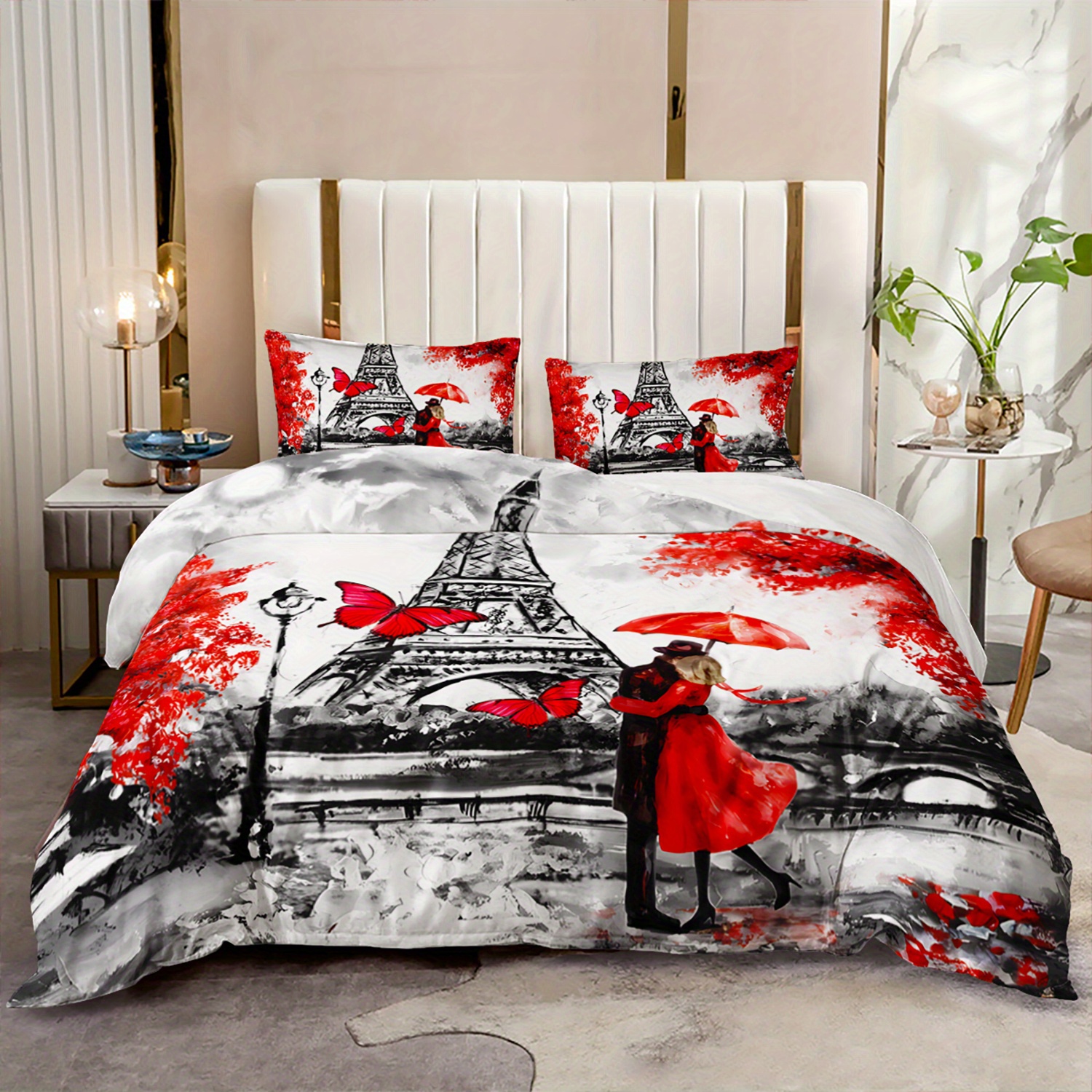 3pcs   tower romantic couple 3  printed duvet cover setparisian love bedding set for four seasonred black bedding for bedroom or   decorpolyester comforter cover gift 1 quilt cover 2 pillowcases Product details 3