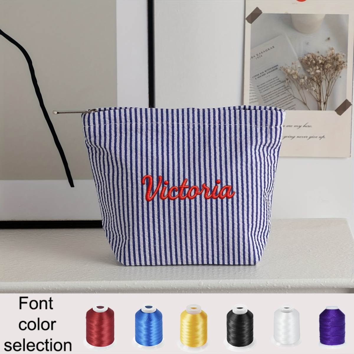 TEMU Custom Embroidered Textous Gauze Makeup Bag, Handheld Cosmetic Pouch, Women's Bag Portable Toiletry Bag, Striped Storage Bag, Premium Striped