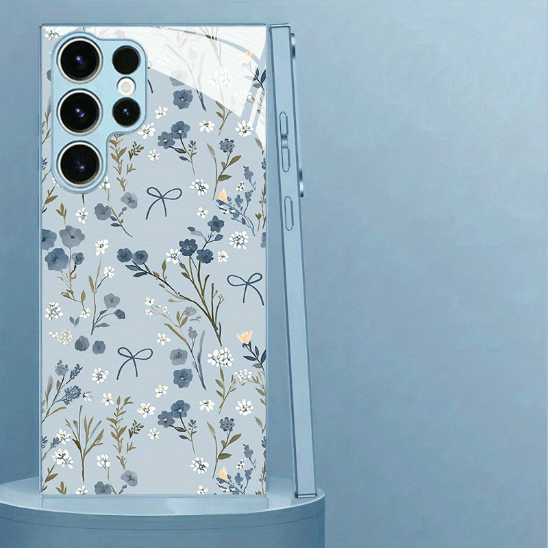 TEMU Phone Case - A Blue Floral Pattern Stylish And Beautiful Metallic Paint Glass Phone Case, Fully Wrapped, Anti-fingerprint, And Wear-resistant,