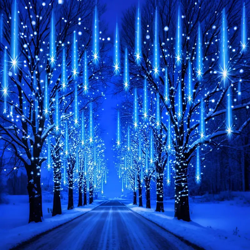 Image of Meteor Shower Lights Outdoor 8tubes Christmas Lights Light Plug In Icicle Light For Tree Porch Roof Yard Xmas Halloween Decoration, Blue Ipx4