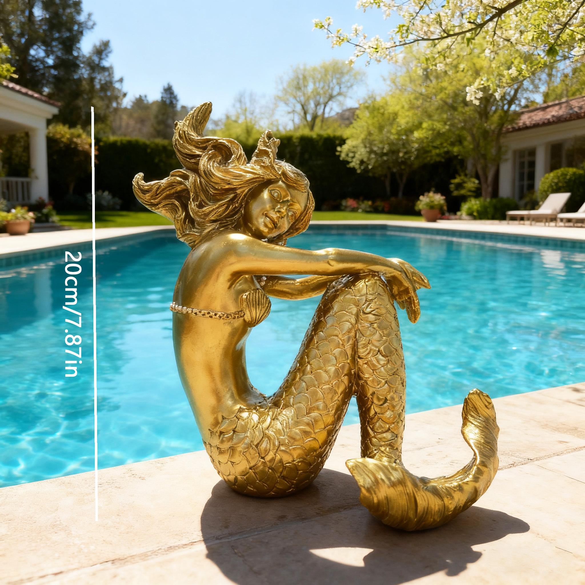Large Golden Mermaid Ornament, Metallic Texture Resin Decoration