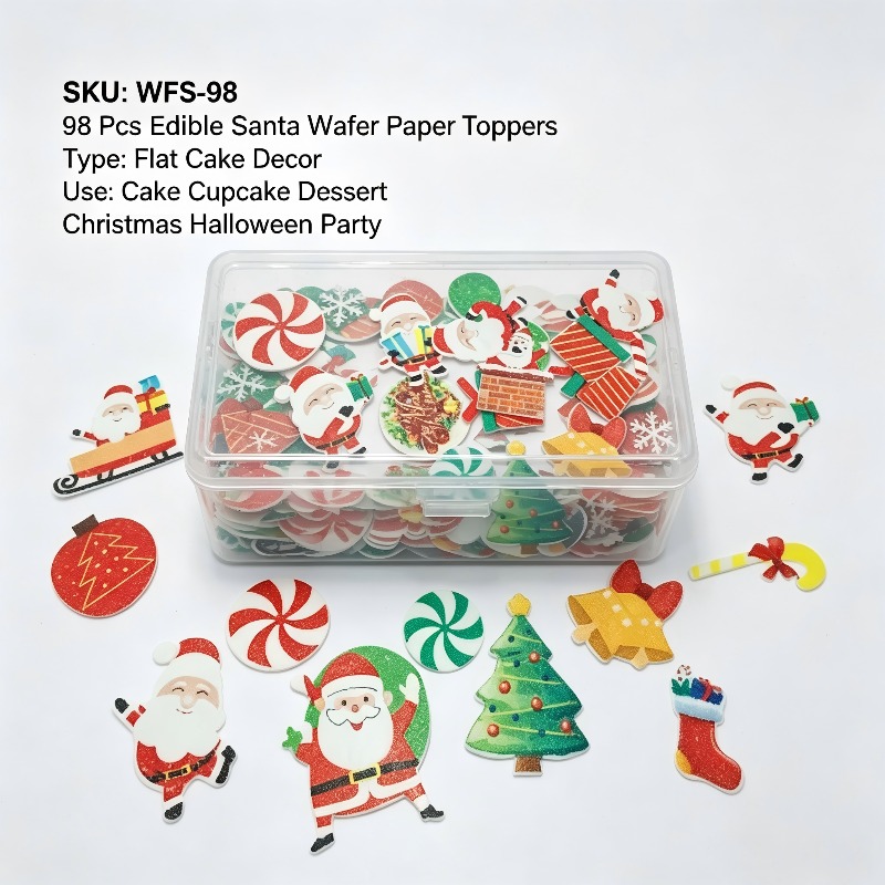 TEMU 98pcs Flat Christmas Themed Consumable Wafer Paper Cake Decorations With Storage Box Santa Claus Christmas Dessert Toppers Cupcake Baking