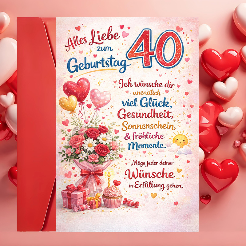E-shop Eine wunderschöne Geburtstagskarte für die 40-Jahr-Feier, mit floralen und Herzmotiven, ideal für Familie, Freunde und Kollegen, um bedeutende