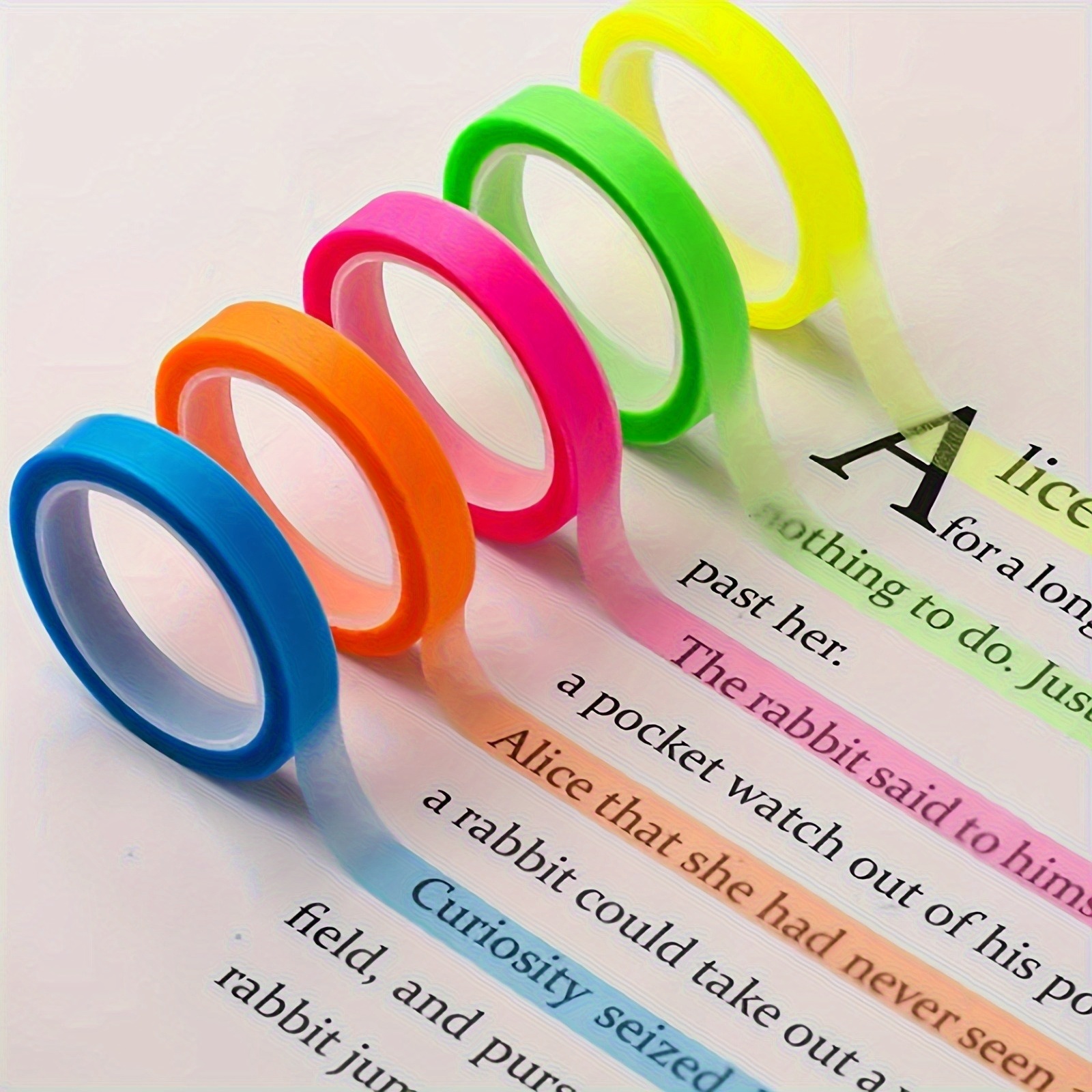 TEMU 5 Rolls Of Highlighter Page Marker Strips, Fluorescent Self-adhesive Labels, Tape Sticky Notes, Neon Round Index Label Rolls For Book Annotation