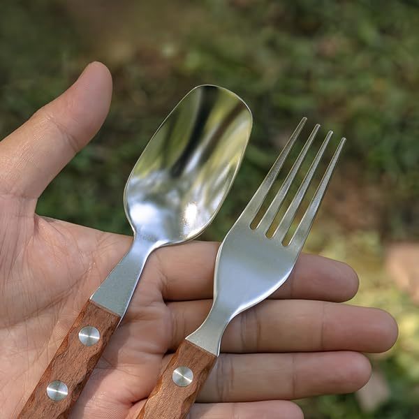   stainless steel camping fork and spoon combo 2- pack metal sporks set of 2 with solid wood handle salad forks spork camping utensil for hiking backpacking, camping accessories and equipment, camping gear, camping dinnerware set, camping kit, camping accessories, backpacking essentials, hiking utensils, portable cutlery,  ,   steel, rustresistant material, spork set Product details 1