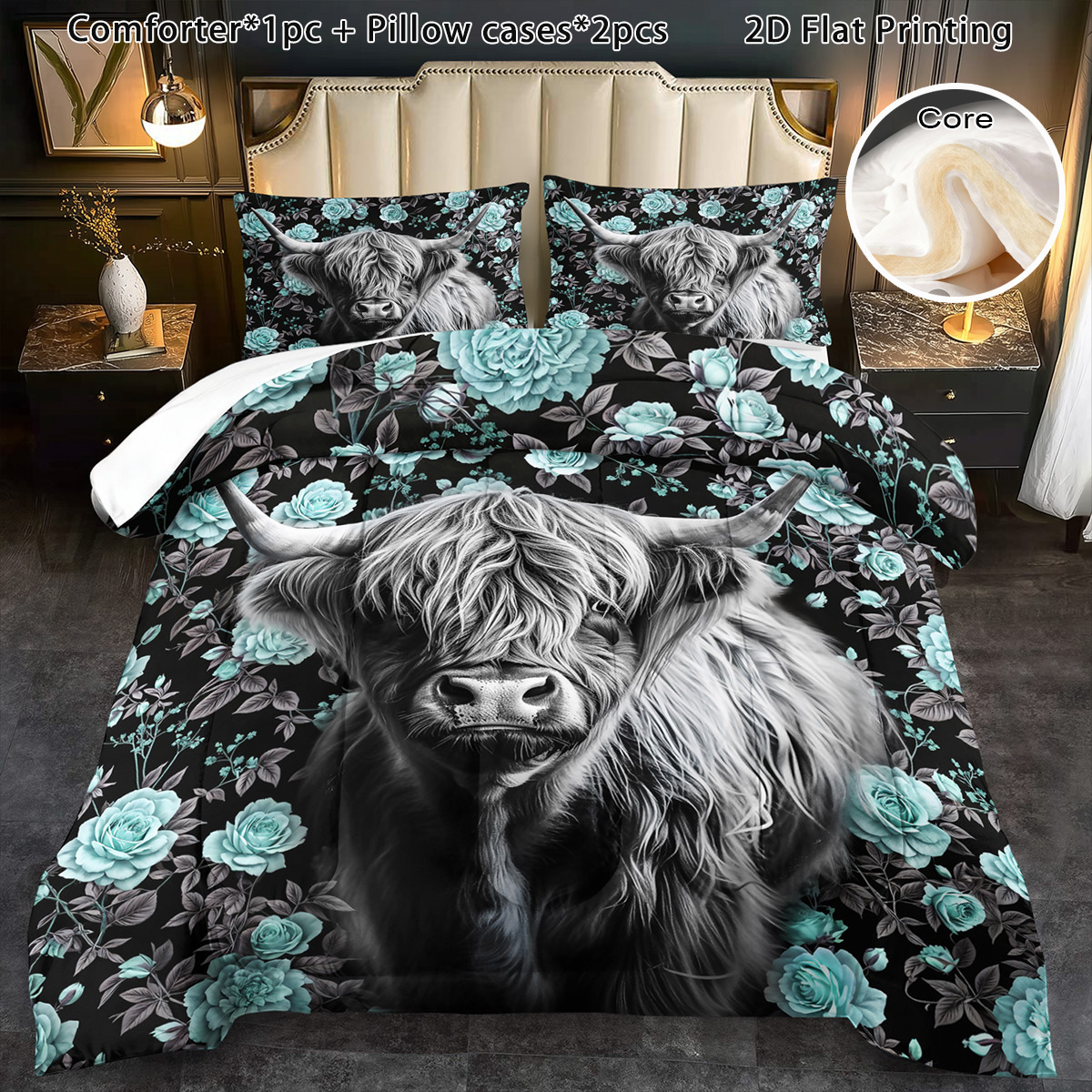TEMU 3pcs Comforter Set For Winter Highland Cow Floral Comforter Set Cartoon Boho Soft Bedding Halloween Gift Quilt Cute Christmas Room Decor Autumn