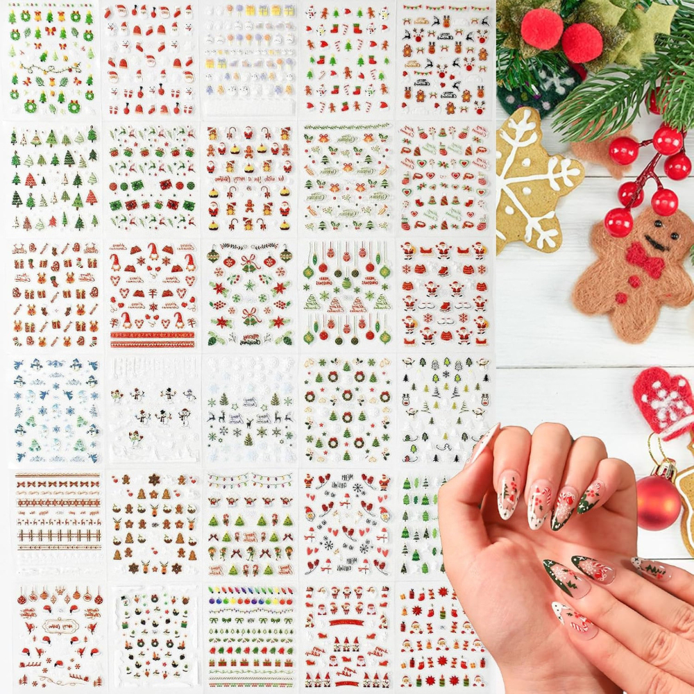 Christmas Nail Art Stickers 3d Snowflake Self-adhesive Nail Decals Santa Claus Elk Sock Designs Sticker Xmas Winter Nails Supplies For Women Nail Art Decoration Accessorie