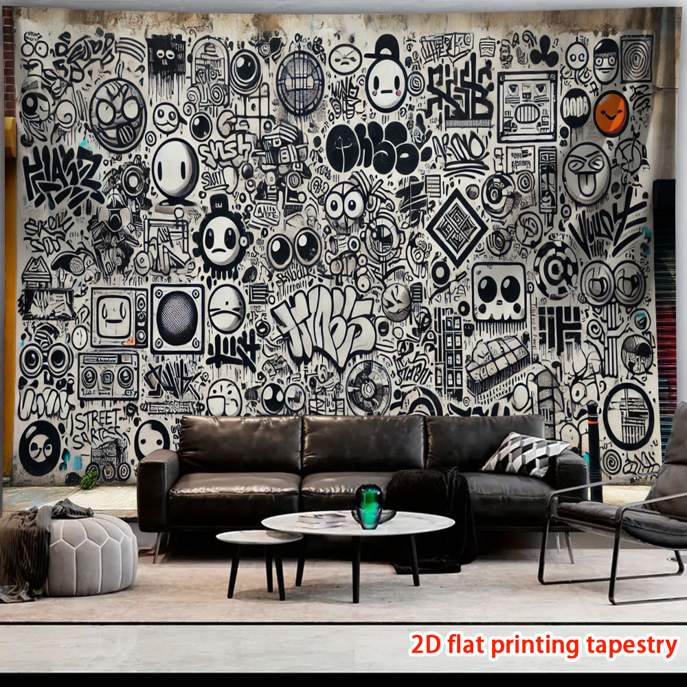 TEMU Street Graffiti Black And White Wall Hanging Tapestry, 1pc, Office Building Backdrop, Holiday Gift, Suitable For Living Room Bedroom Dorm Home