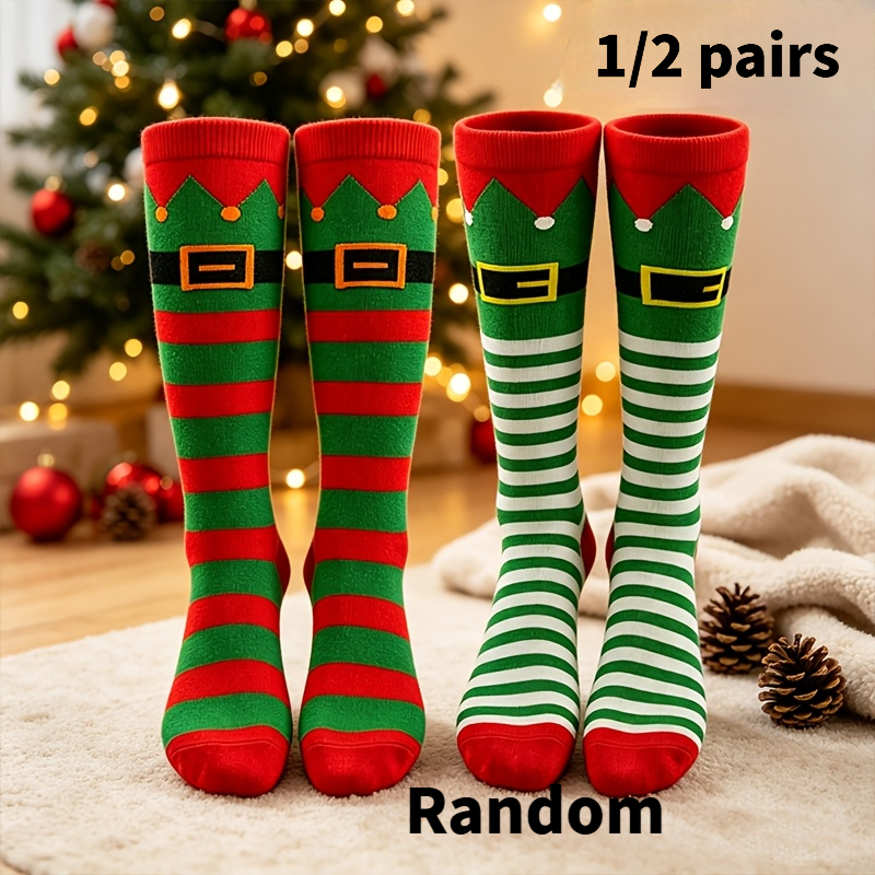 TEMU 1/ Random Of Christmas Elf Costume Socks With Hat& Belt- Striped, Calf-high, For Women& Men, Soft& Stretchy For Wear, Unisex Cosplay Party