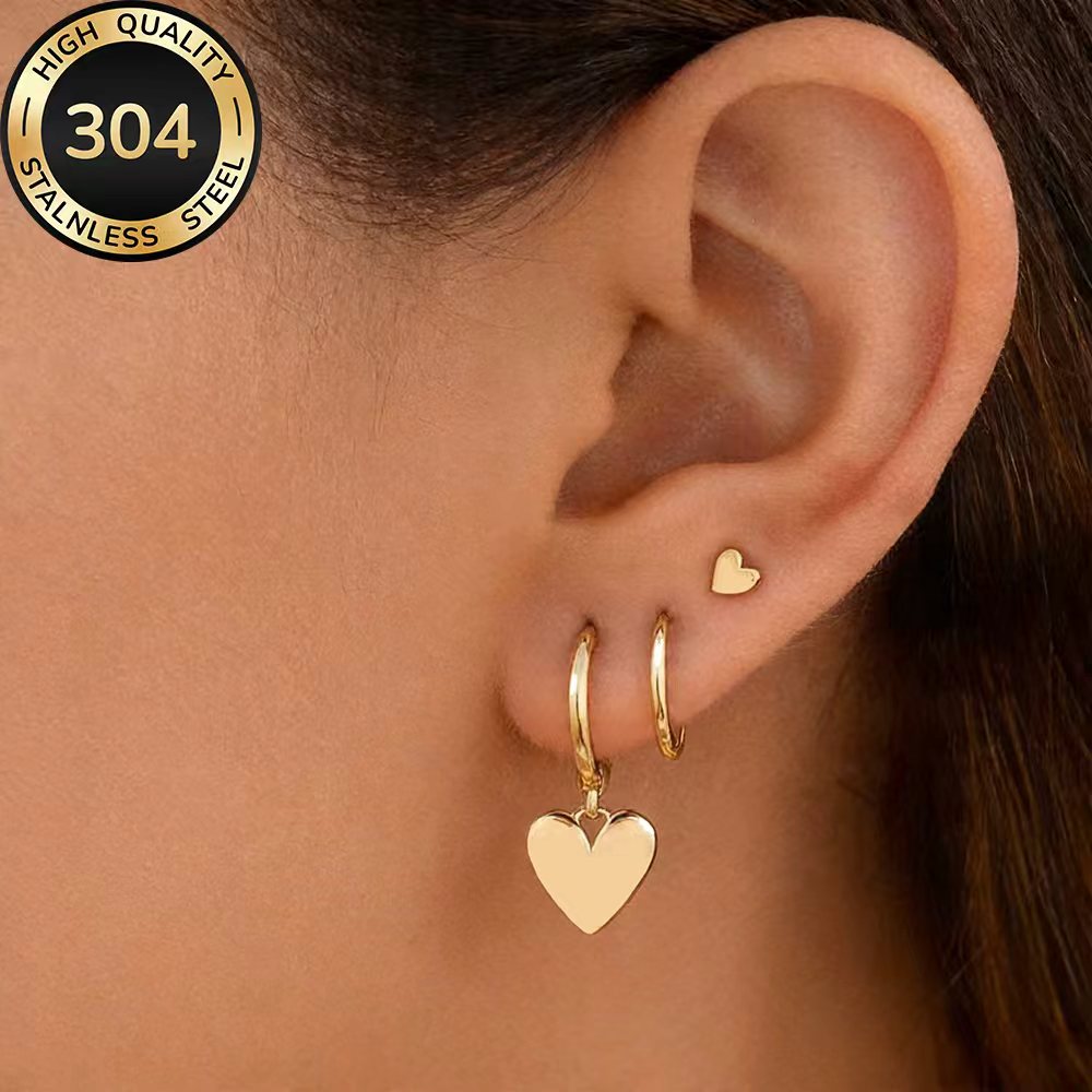 TEMU 3pcs Earring Set High-quality 304 Stainless Steel Low-allergy Golden Earrings, Polished, Fade-resistant, Easy And Elegant, Suitable For Daily