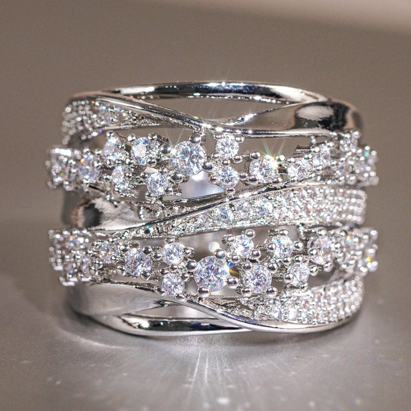 Layer Interlaced Hollow Pave Set Sparkling Synthetic Zirconia Engagement Ring