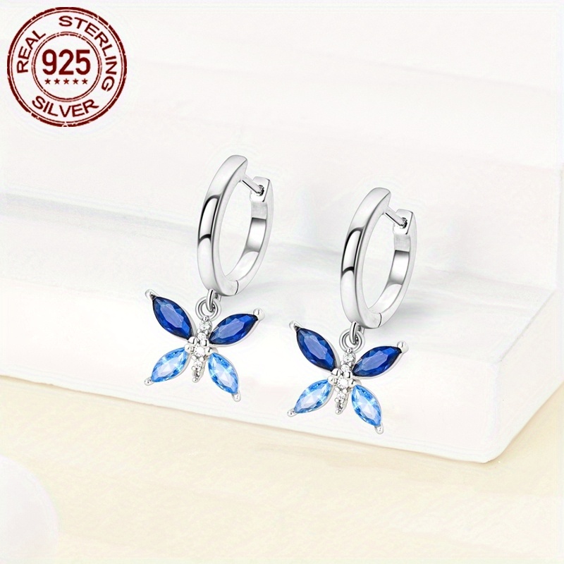 Women's Sparkling Sea Blue Butterfly Earrings, Hypoallergenic
